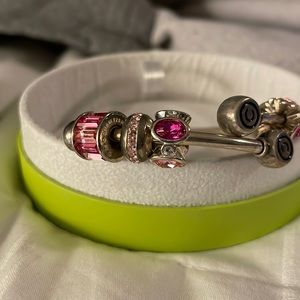 CHAMELIA Sterling Silver Bangle Bracelet 6 pink Swarovski crystals 2 bead locks.